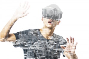 Double exposure of man using the virtual reality headset